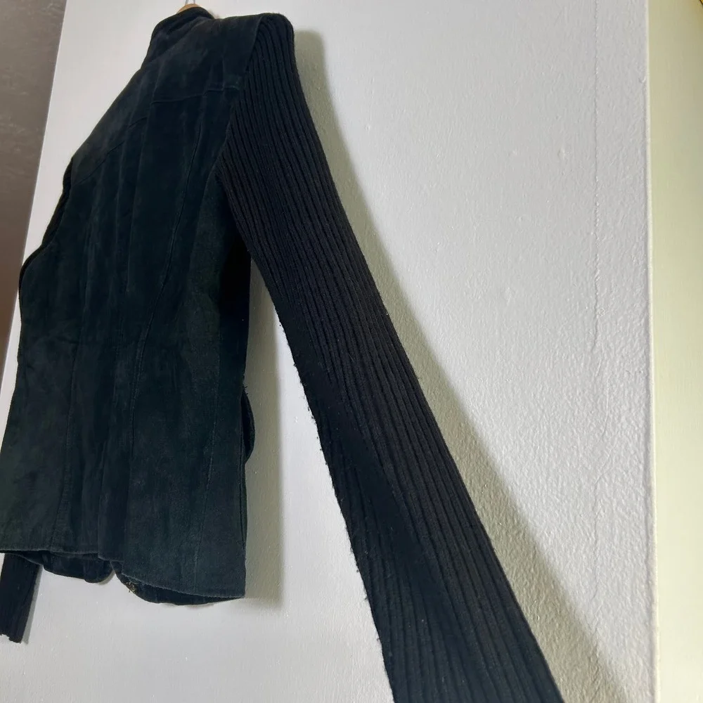 90s A.M.I. Suede Leather Knit‎ Sleeve Jacket Womens Black Full Zip Mock Neck S